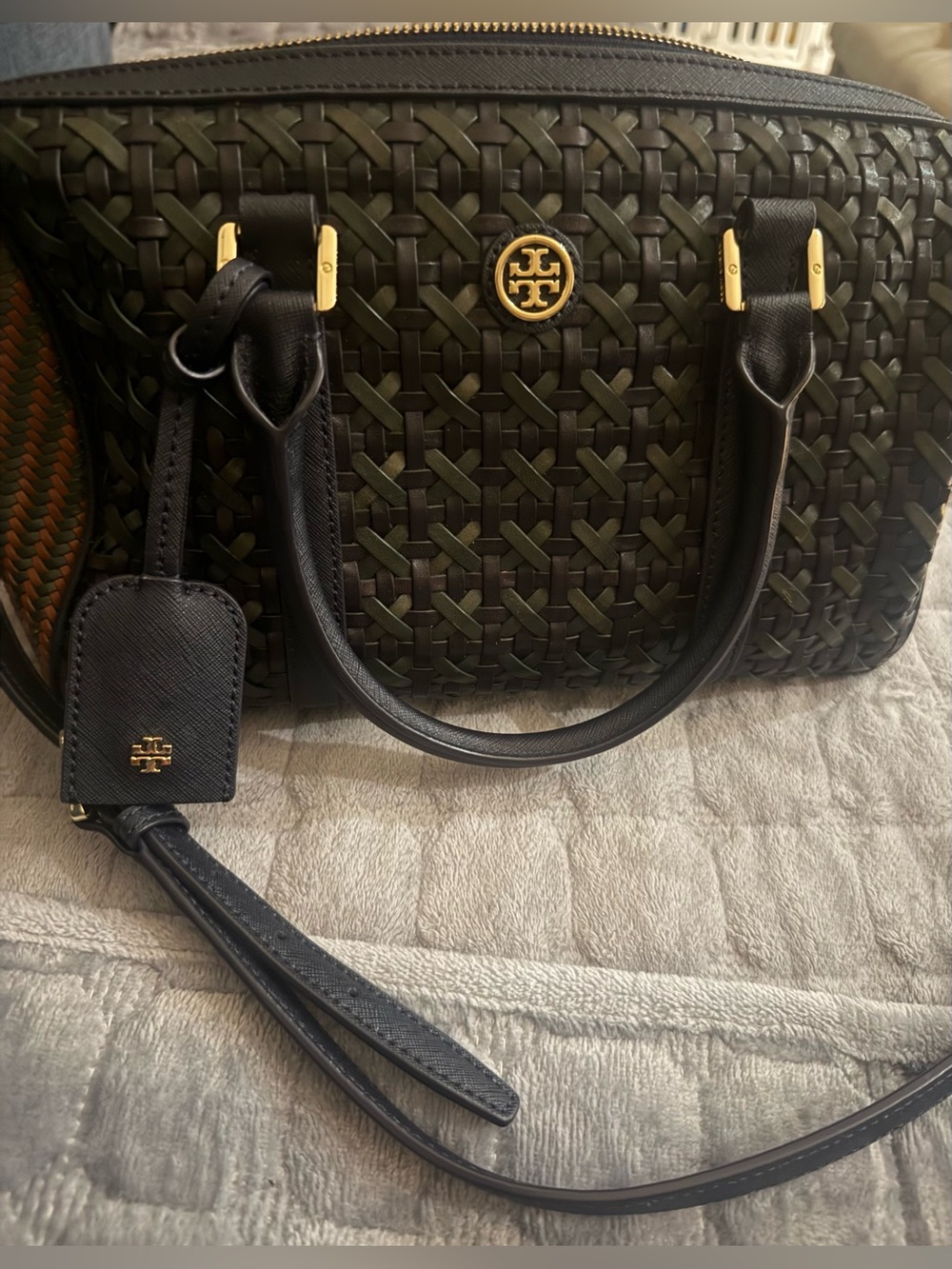 Tory Burch Green/Black Woven Leather Satchel with crossbody strap. Gold Hardware